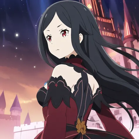 1Female(Black Long hair,Red Eyes,DarkBlue Dress,beautiful)Night Castle background,Re zero Style,Anime Style,HD