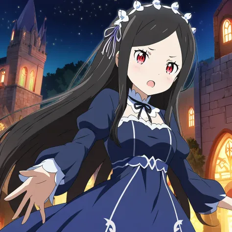 1Female(Black Long hair,Red Eyes,DarkBlue Dress,beautiful)Night Castle background,Re zero Style,Anime Style,HD