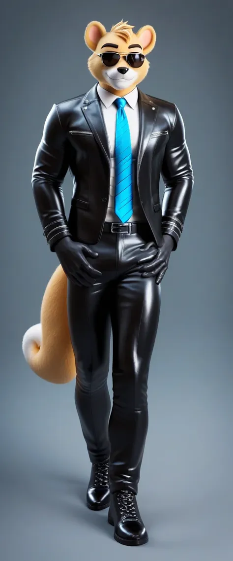 score_9, score_8_up, score_7_up, rating_safe,source_furry,anthro,source_3D, male muscular hamster (fursuit version) looking at the viewer and folds his arms across his chest (leather suit, tie, sunglasses, patent leather shoes) (ultra realistic almost look...