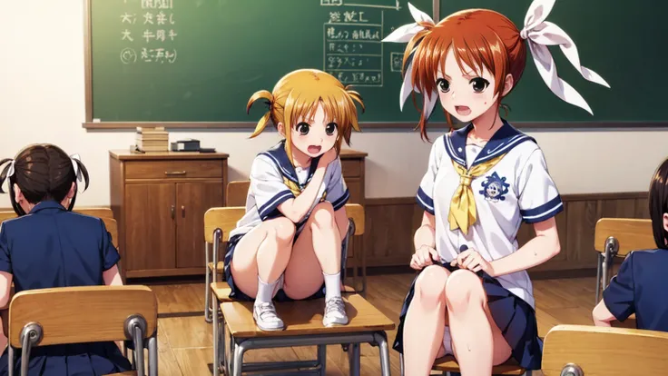 Highest quality,Highest quality,One girl,10 years old,Mouth closed,orgasm,blush, Sweat,Nanoha Takamachi,Takamati Nanoha,Twin tails,Hair Ribbon,((One Piece Uniform:1.3)),classroom、White panties、Squat、Look at this、skirt