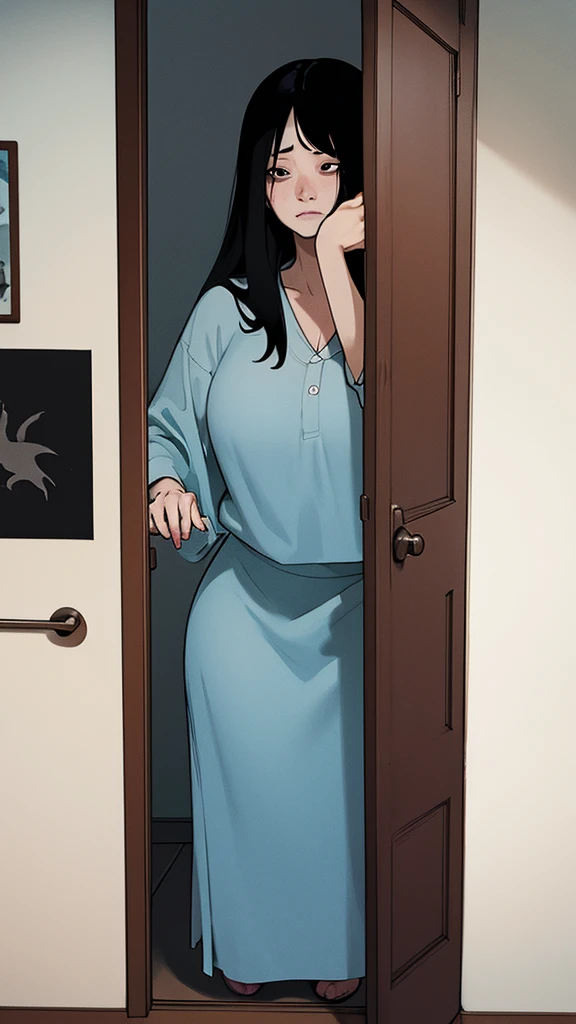 Sadako looking behind a door, puerta entreabierta, curvy, horror, dark room, dark, tenebroso, miedo, thriller