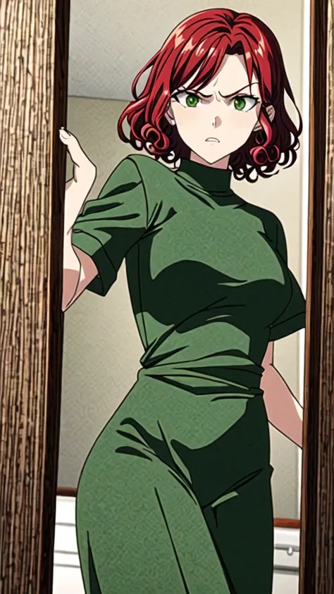 woman with short, curly red hair and beautiful green eyes angry