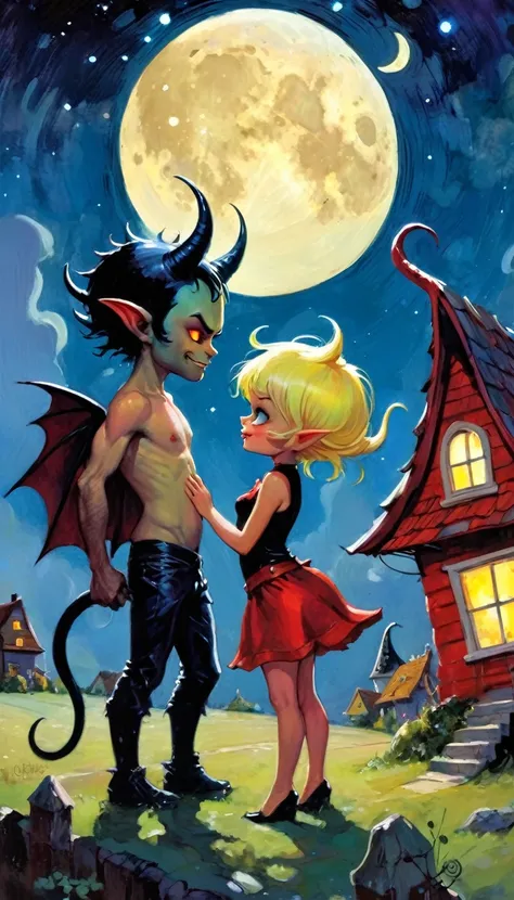 girl and boy, demon boy and sexy demon girl, sex sex sex, love, erotism,village of little and funny demons, impressive landscape, little and funny demons, magical, fantastic, night sky, moon, stars, cute, adorable, background, ( demon houses (art inspired ...