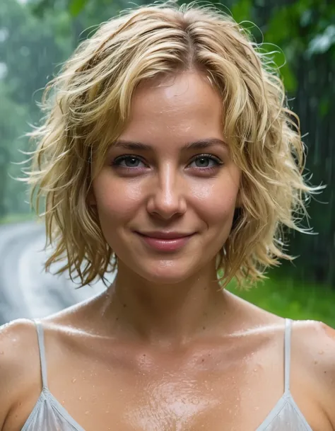 HDR photo of beautiful young woman with messy blonde bob hair, messy hairstyle, messy bob, messy hairstyle, white blond, 5 foot 3 inches tall, 110 pounds in weight, 34G breasts, large firm round breasts, very large breasts, cleavage, deep cleavage, eyes cl...