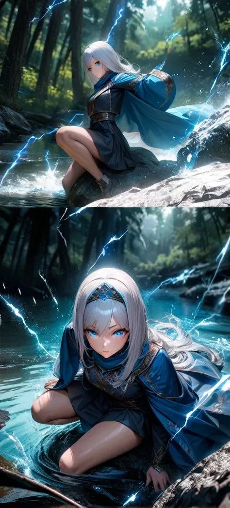  High quality, ultra realistic,absurdres, highres, ultra detailed, HDR, masterpiece, extremely detailed face and eyes,  beautiful hijab girl on the forest , sit on rock infront light blue lake, ,, white hair ,, ,white eyeleshes, blue eyes , Epic fight scen...