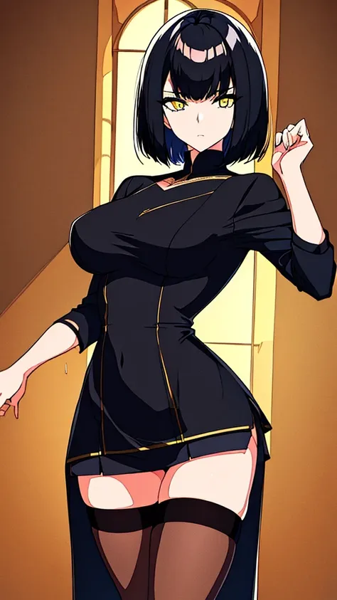 ((Best Quality)), ((Masterpiece)), (Detailed), Girl with short black hair, with straight bangs, yellow eyes, the pupils of his eyes look at your violence, tall and slender, very beautiful and feminine features, wearing shorts with long black stockings, sho...