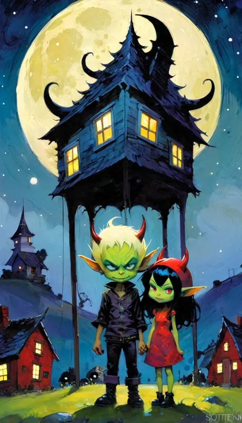 girl and boy, demon boy and sexy demon girl, sex sex sex, erotism,village of little and funny demons, impressive landscape, little and funny demons, magical, fantastic, night sky, moon, stars, cute, adorable, background, ( demon houses (art inspired by Sko...