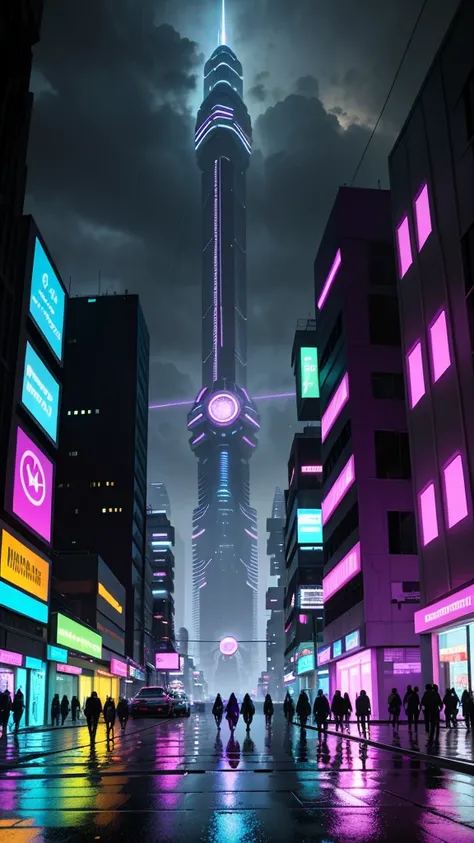 Uma cidade futurista e perturbadora, Large buildings defy gravity with their aesthetic design，e iluminado com rosa, roxo, azul. The lights of futuristic vehicles are reflected on the sidewalk by the rain that falls in the city Remembering Blade Runner, art...