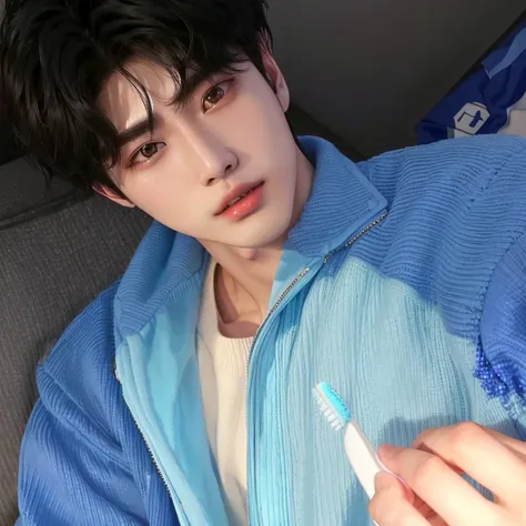 arafed man with a blue jacket holding a toothbrush, cai xukun, jinyoung shin, male ulzzang, kim doyoung, hyung tae, jung jaehyun, yanjun chengt, handsome japanese demon boy, taejune kim, sakimichan, south korean male, hong june hyung, heise jinyao, wan ado...