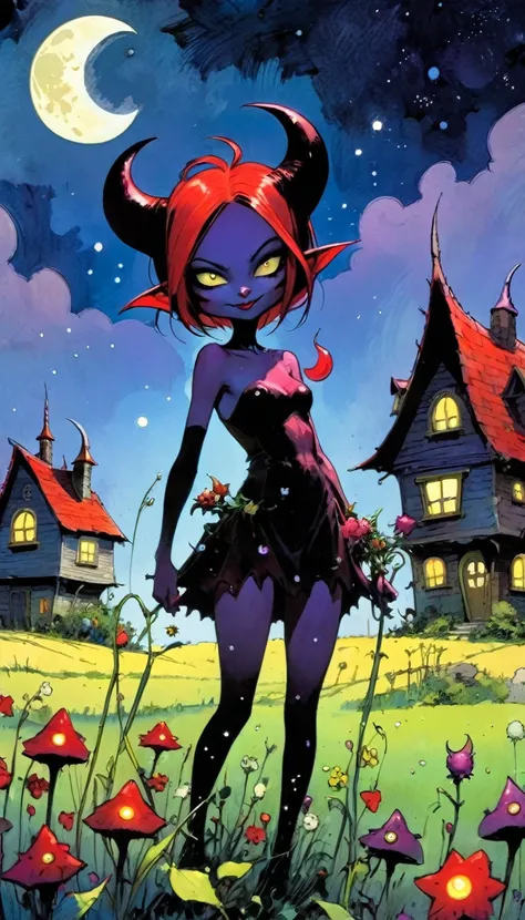 sexy demon girl, picks flowers in the field, eroticism,sex sex sex,  village of funny little demons, stunning landscape, funny little demons, magical, fantastic, night sky, moon, stars, cute, adorable, background, (demon houses (art inspired by Skottie You...