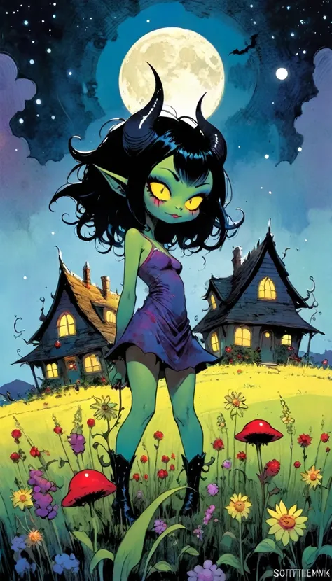 sexy demon girl, picks flowers in the field, eroticism,sex sex sex,  village of funny little demons, stunning landscape, funny little demons, magical, fantastic, night sky, moon, stars, cute, adorable, background, (demon houses (art inspired by Skottie You...