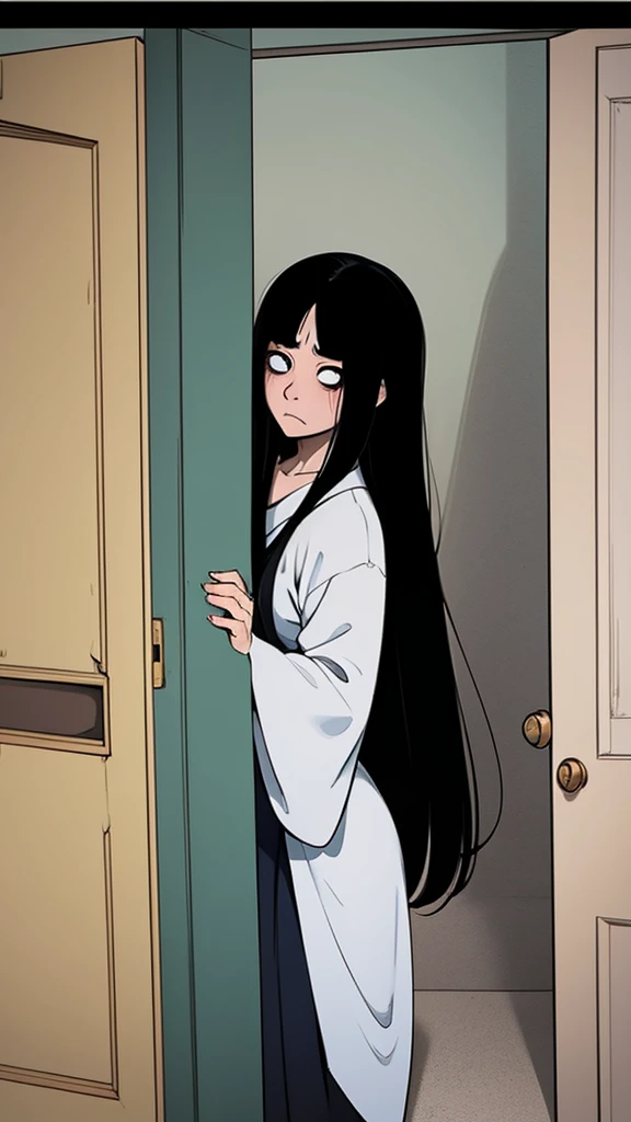 Sadako looking behind a door from a dark ropm, puerta entreabierta, ju-on, curvy, horror, dark room, dark, tenebroso, miedo, thriller, filter below 