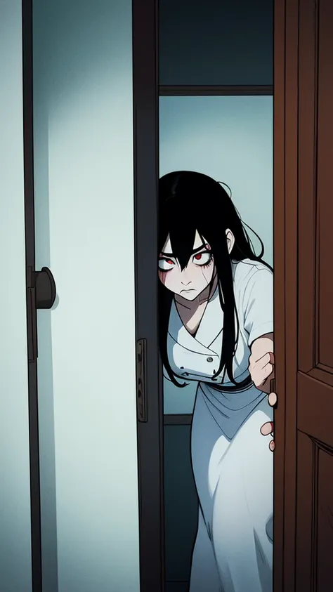 Sadako looking behind a door from a dark ropm, puerta entreabierta, ju-on, curvy, horror, dark room, dark, tenebroso, miedo, thriller, filter below