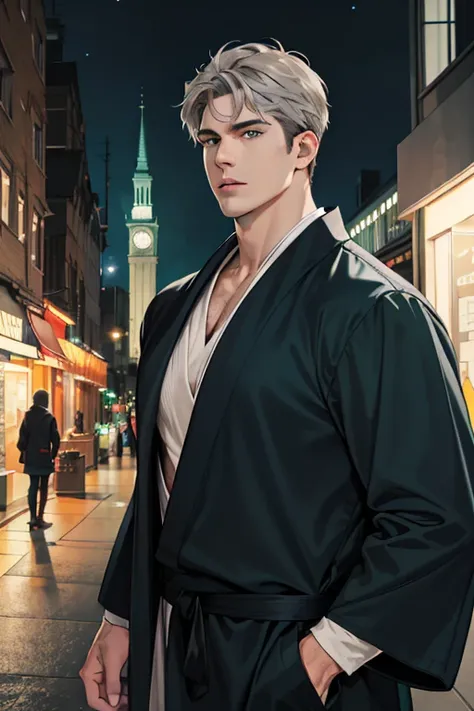 (absurd, high resolution, super detailed, realistic,), 1 male, soloist, adult, mature, tall muscular face, wide shoulders, handsome, large hair, gray hair, green eyes, angular chin, thick neck, thick eyebrows, night, dark, night view from the city backgrou...