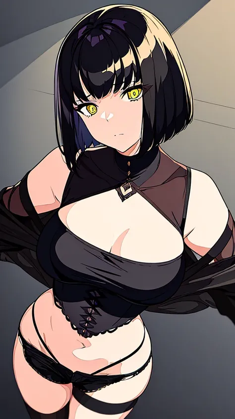 (NSFW)((Best Quality)), ((Masterpiece)), (Detailed), Girl with short black hair, with straight bangs, yellow eyes, the pupils of his eyes look at your violence, tall and slender, very beautiful and feminine features, wearing shorts with long black stocking...