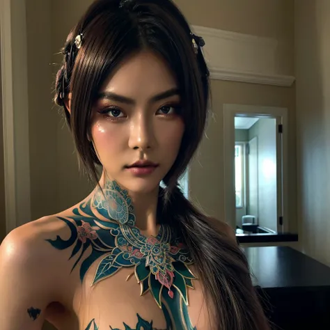 A stunningly detailed photorealistic portrait of a gorgeous elf-human supermodel, skillfully painted with watercolor, ink, and pastel. The model showcases a unique hairstyle reminiscent of ukiyo-e art, adorned with intricate cyber noir body paint. Her face...