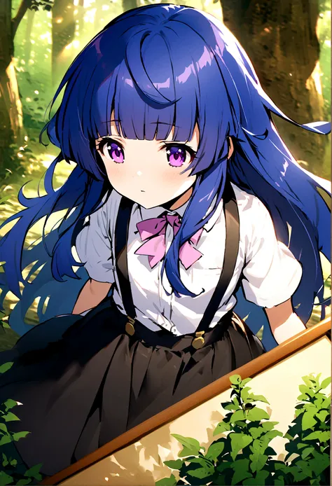 one girl, (full out rika), a bit, blue hair, purple eyes, long hair, blunt bangs, bangs, white shirt, pink ribbon, suspenders, b...