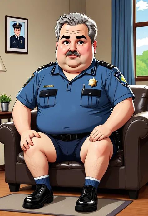 Old Caucasian police officer, round chubby face, no jawline, grey hair, male, fat, chubby, short hair, wearing dirty socks, only wearing socks, leaking cum, cum everywhere, smelly socks, sweaty, stench coming from socks, sitting on couch, feet propped up o...