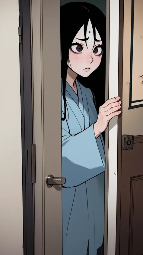 Sadako looking behind a door from a dark ropm, puerta entreabierta, ju-on, curvy, horror, dark room, dark, tenebroso, miedo, thriller, filter below