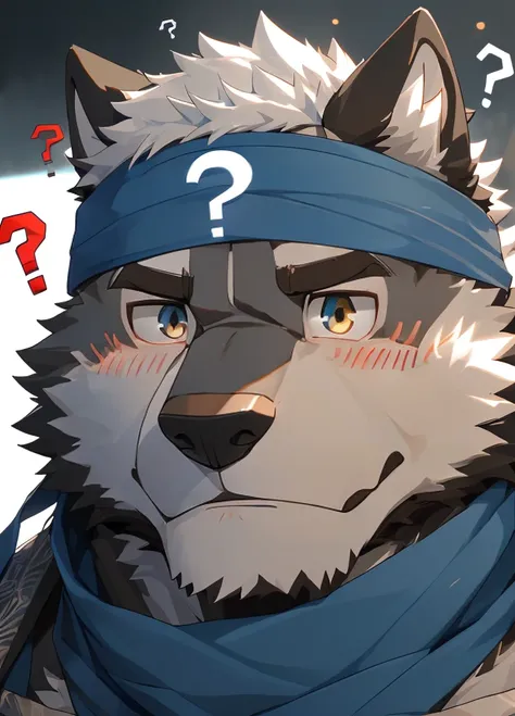 (masterpiece)，(Very detailed)，(best quality)，hairy，Wolf，Dark black fur，white hair，Gray pupil，Muscular，(Japan samurai attire)，((blue scarf))，((Brown headband))，(blush:1.1)，(A puzzled expression:1.2)，((question mark:1.3))，((Ultra HD close-up:1.4))，8K，(high q...