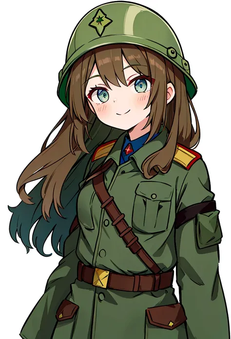 A brown haired soldier girl, ojos azules y piel blanca, with a green helmet and a Soviet light green jacket, soviet soldier girl smiling tenderly