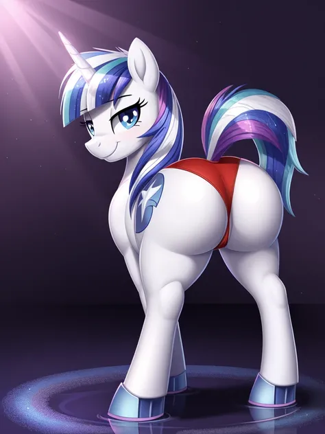 ((Shining armor)), pony, feral, my little pony, smile, beautiful eyes, standing seductive on four hooves, beautiful, thong, big butt, (focused wet pony vagina)