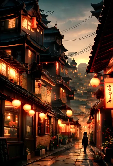 Arafed view of a village，a lot of lights on the buildings，dreamy Chinese towns，Chinese village，Amazing wallpapers，A small town in Taiwan，Taiwanese village，surreal photo of a small town，old asian village，A street shopping street in Taiwan，Taiwan cities，Raym...