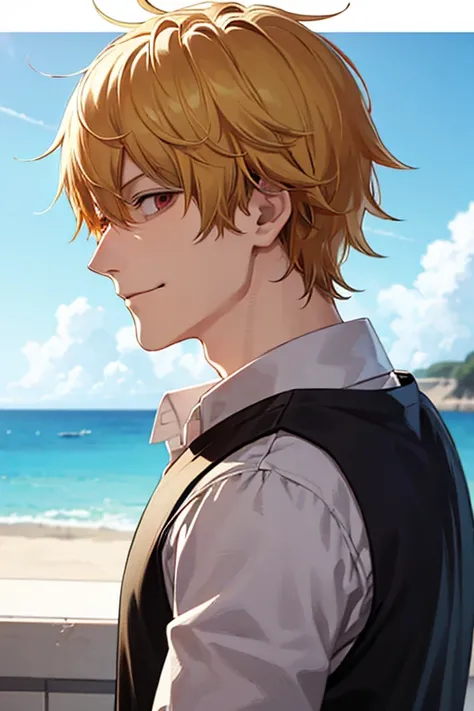 1boy, male_focus, short_hair, wilde_hair, (blonde_hair), solo, (masterpiece, top quality, best quality, official art), very detailed, colorful, most detailed, short hair, , handsome_man, wavy_hair, (upper_body), ((side_view, looking_at_viewer)), ((smirk)),...