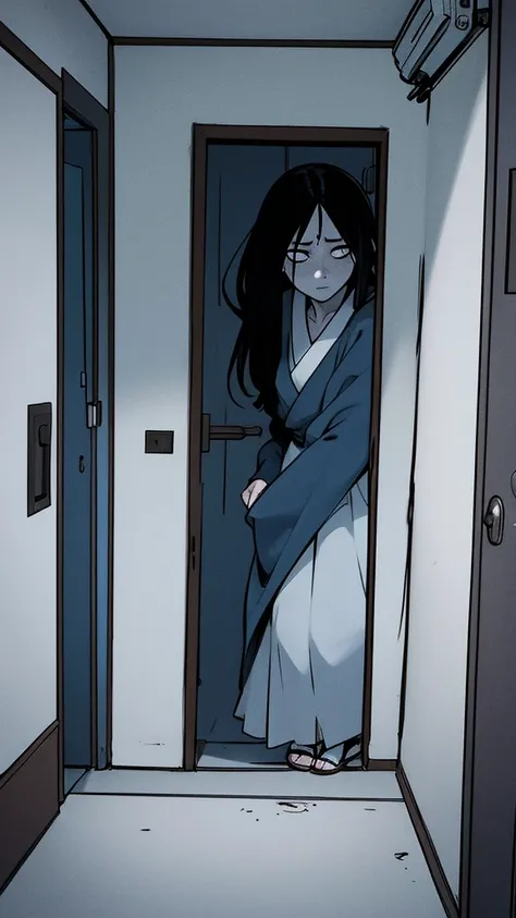 Sadako looking behind a door from a dark ropm, puerta entreabierta, ju-on, curvy, horror, dark room, dark, tenebroso, miedo, thriller, blue filter