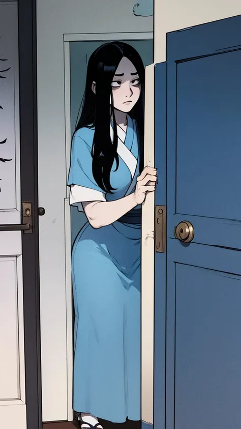 sadako looking behind a door from a dark ropm, puerta entreabierta, ju-on, curvy, horror, dark room, dark, tenebroso, miedo, thr...