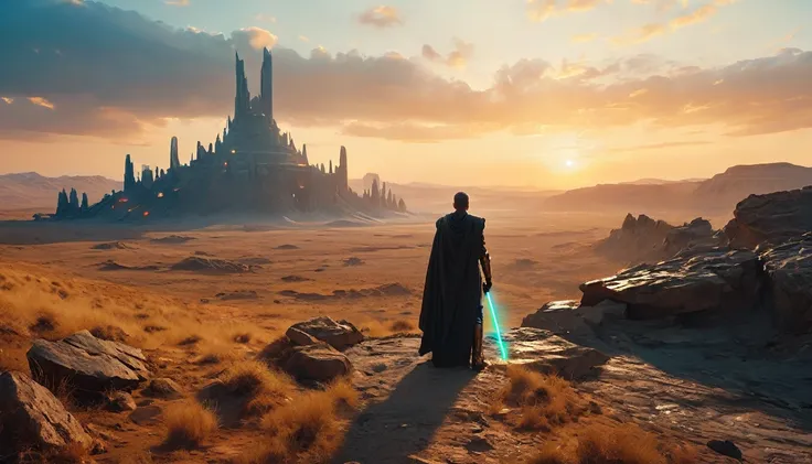 View a vast desert landscape bathed in golden twilight, evoking the iconic Star Wars look. No centro da cena, a Jedi in a flowing cape stands silhouetted against the orange sky, your glowing blue lightsaber in your hand, pronto para enfrentar qualquer desa...