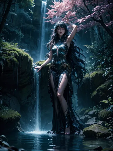 Water female fae bioluminescent in the night standing in waterfall raising an arm full length portrait dynamic pose movement dim light dark color magical sinister dynamic light dark shadow trees dendritic hyperdetailed dslr hdr realistic textures color sha...