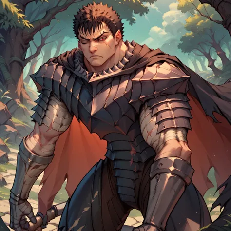 score_9, score_8_up, score_7_up, 1boy, male focus, solo, solo, guts (berserk), angry, sword on back, Guts_Armor, brown eyes, short hair, spiked hair, (black armor:1.1), full_armor, shoulder armor, gauntlets, pauldrons, greaves, bandaged arm, black cape, to...