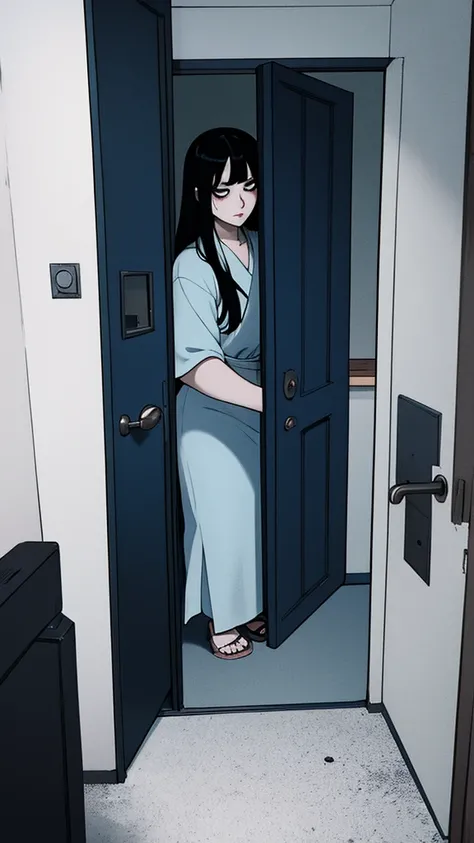 Sadako looking behind a door from a dark ropm, puerta entreabierta, ju-on, curvy, ropa rota horror, dark room, dark, tenebroso, miedo, thriller, blue filter