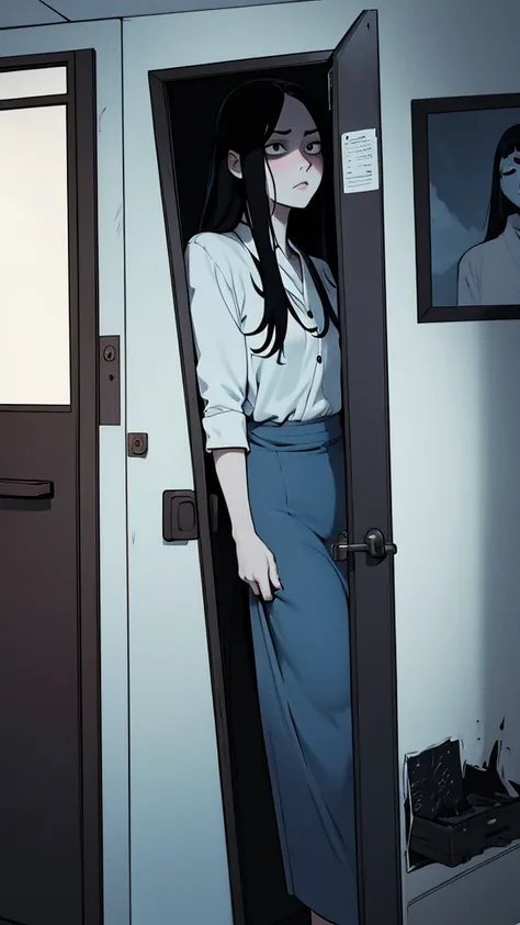 Sadako looking behind a door from a dark ropm, puerta entreabierta, ju-on, curvy, ropa rota horror, dark room, dark, tenebroso, miedo, thriller, blue filter