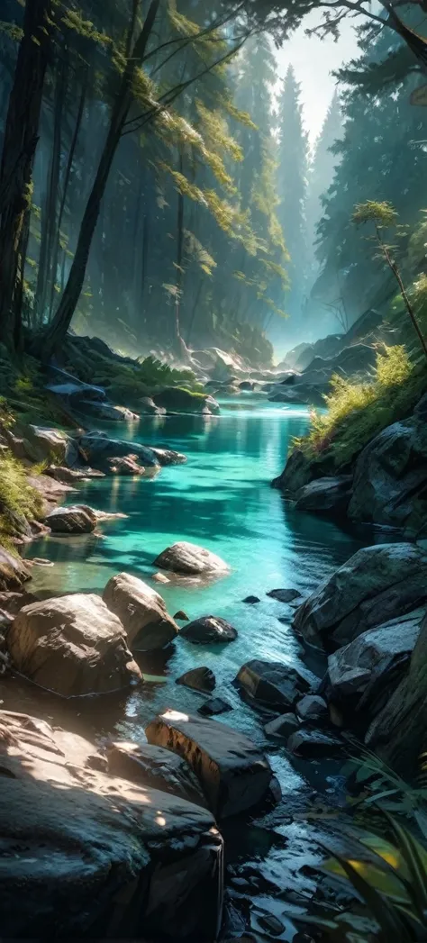  High quality, ultra realistic,absurdres, highres, ultra detailed, HDR, masterpiece, extremely detailed , beautiful forest, rocks, light blue lake , glowing 