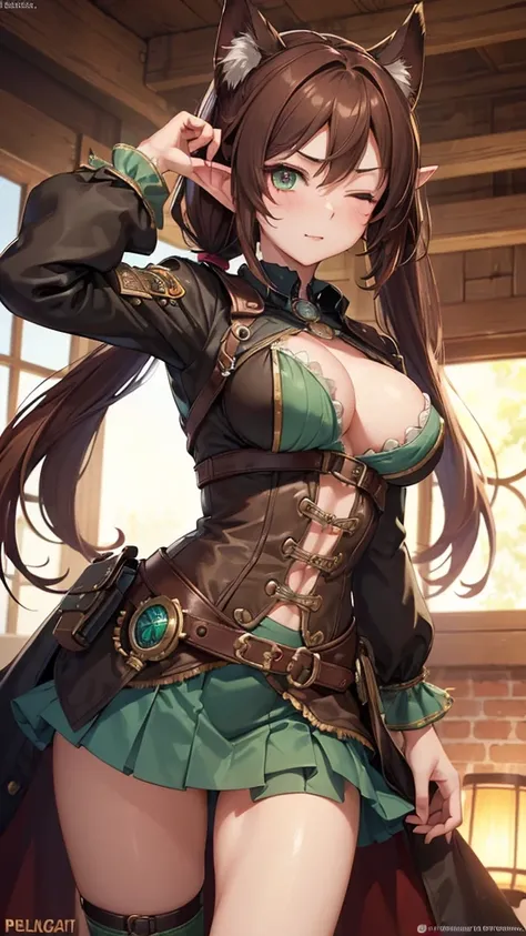 "((short steampunk corse)),((Mexicana peliroja, white skin)),((Twintail)),(1solo),(1 girl view),full_body, 1 girl view,female, young, 17 years old, (long hair), ((red-light brown hair)), snowflakesdetailed cute anime face, ((pointy_ears, seductive pose, fl...