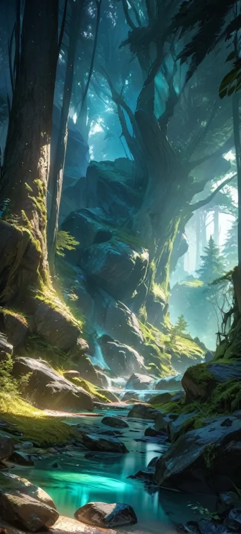  High quality, ultra realistic,absurdres, highres, ultra detailed, HDR, masterpiece, extremely detailed , beautiful forest, rocks, light blue lake , glowing 