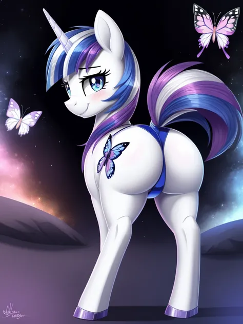 ((Shining armor)), pony, feral, my little pony, smile, beautiful eyes, standing seductive on four hooves, beautiful, thong, big butt, butterfly on the butt