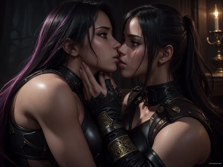 1girl,2girls,fantasy,female mercenaries,lesbian,yuri,erotica,sensual kissing,intimate caresses,erotic,pornographic,hyper detailed,photorealistic,8k,masterpiece,cinematic lighting,dramatic pose,intricate background,vibrant colors,chiaroscuro,dramatic lighti...