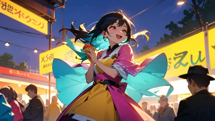 In the midst of a vibrant and bustling night market, Women appear excited and happy. Dress relaxed, She sir々She is holding a delicious snack in her hands.. Her face radiates pure joy and satisfaction., Her eyes sparkle with joy as she takes in the vibrant ...