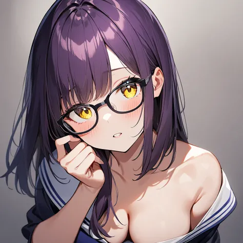 1girl,Solo,dark purple hair,yellow eyes,medium breasts,sailor,straight hair,pov,straight on,best quality, very aesthetic, absurdres,Glasses,(downblouse),(one breast out)