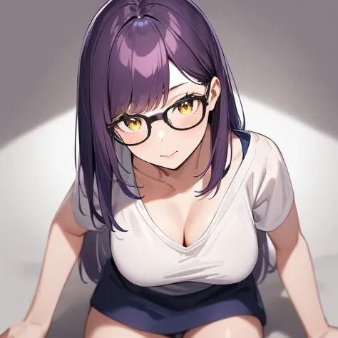 1girl,Solo,dark purple hair,yellow eyes,medium breasts,sailor,straight hair,pov,straight on,best quality, very aesthetic, absurdres,Glasses,(downblouse),(one breast out)