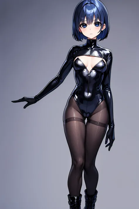 blue-hair,bob-hair,small-breast,black-pantyhose,black-bodysuit,black-glove,black-boots,blue-hair,bob-hair,