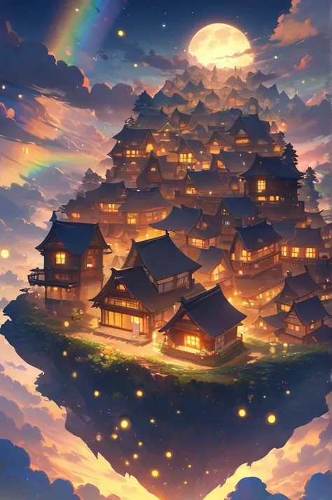 ((Best quality)), ((masterpiece)), (detailed), A cozy glowing village on the clouds, where houses are made of solar fireflies and rainbows.