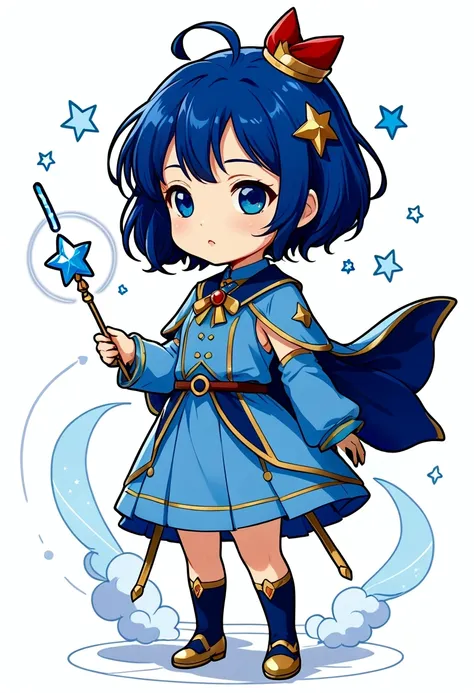 1 girl, mahou shoujo, chibi anime style, short hair, blue outfit, magic wand,  childsh, plain style, sticker illustration, white background