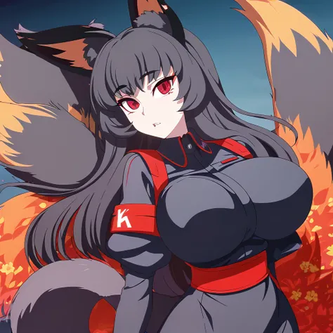 a beautiful detailed black kitsune girl, long black kitsune ears, multiple black kitsune tails, red and black mechanic outfit, 8k, anime style, red eyes, big breasts, extremely detailed eyes and face, ultra-detailed, 4k, high quality, vibrant colors, long ...