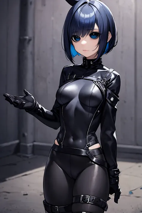 blue-hair,bob-hair,small-breast,black-pantyhose,black-bodysuit,black-glove,black-boots,blue-hair,bob-hair,,crtoch-tatto