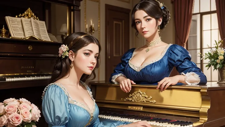 A beutiful realistic scene of a haughty lady in a blue old fashioned dress; the background is vintage in a ancient and large house with a lot of flowers and a golden piano; perfect eyes, perfect face; masterpiece; anime style; ultra hd, 4k