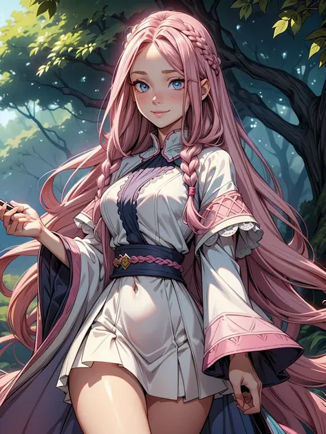  a girl, ((young girl)), slim, long pink hair in layered braids, vibrant pink hair. Blue eyes, long nose, round nose, (((detailed eyes))), round cheeks, full cheeks, youthful face, Soft jaw, round jaw, babyface,  bright smile, happy. Wearing a ((dark blue)...